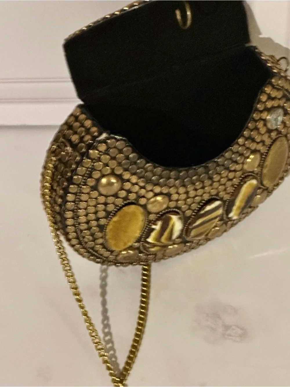 Vintage Brass Mosaic Clutch Boho Hard Case Evening Bag Stones Crossbody